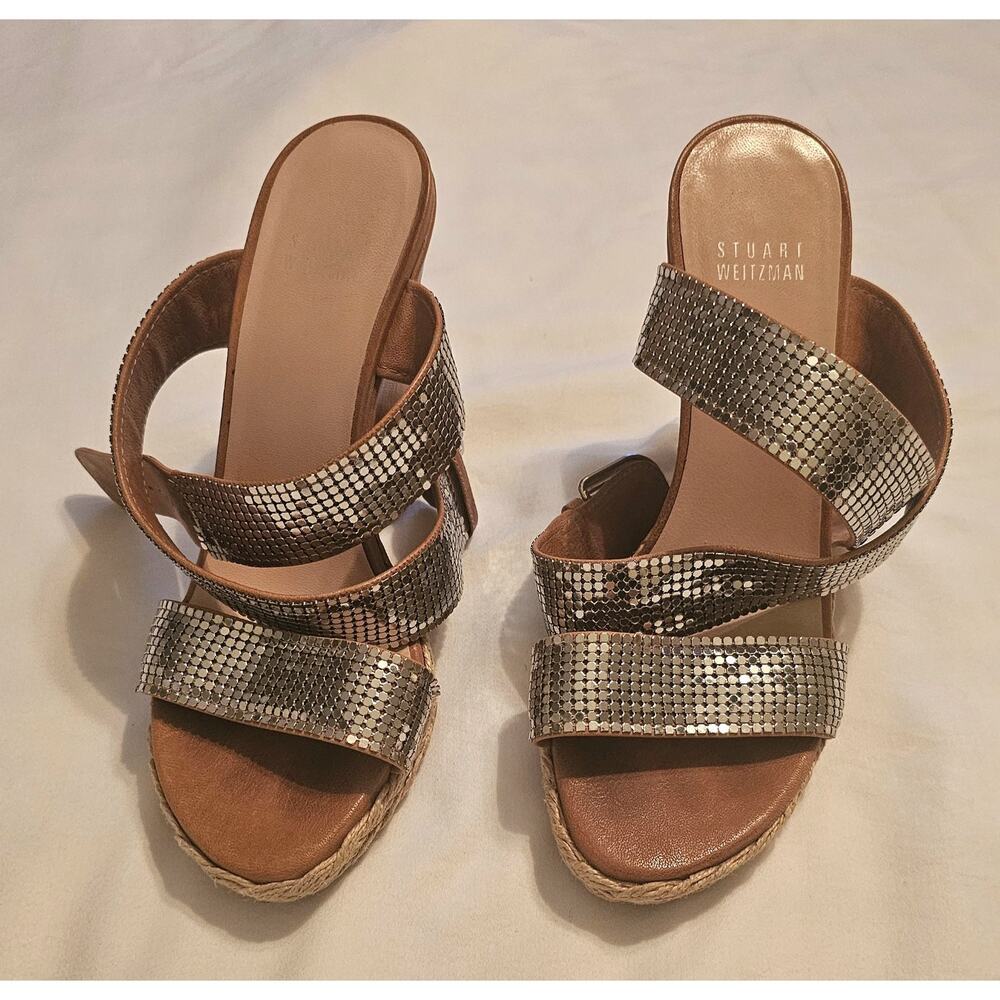 Stuart Weitzman silver sequin espadrille wedge sandals Sz 6.5 M W69120 EUC